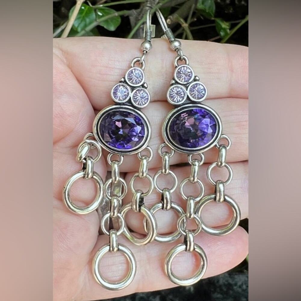 VINTAGE DESIGNER PURPLE CZ DROP DANGLE LONG STATEMENT EARRINGS SILVER TONE METAL